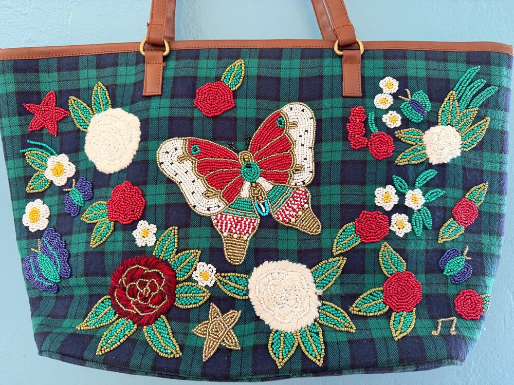 America & Beyond Beaded Butterfly Tote Tartan Plaid Embellished Floral Bag